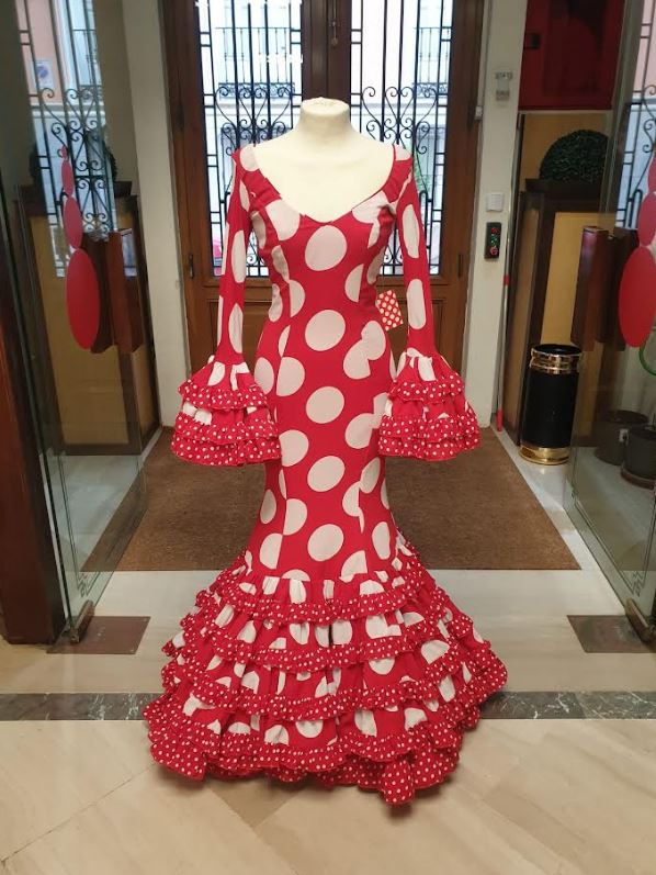 T 34. Cheap Flamenca Dress Outlet. Mod. Azahara Rojo Lunar Blanco. Size 34